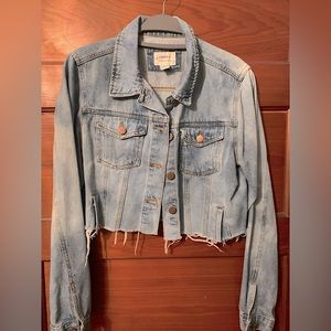 Cropped distressed denim jacket